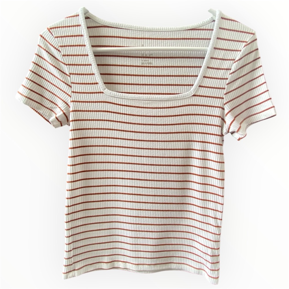 A New Day Ribbed Brown and Cream Striped Square-Neck Tee (Size XS)